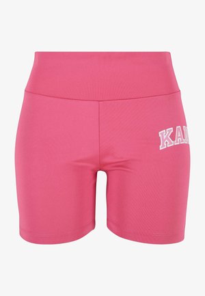 Shorts de sport roses avec une taille haute, fabriqués dans un tissu extensible. Présente le mot "KAN" imprimé en blanc sur le côté droit.