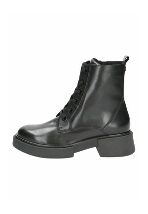 Botines de cuero negro con un acabado suave, punta redonda, cordones en la parte delantera y un tacón grueso para mayor altura y estabilidad.