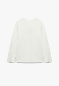 Langærmet T-shirt med rund hals i off-white bomuld. Har en glat overflade, lige kant og sideskår i bunden.