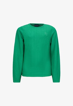 Zielony sweter z długim rękawem o teksturowanej powierzchni, z okrągłym dekoltem i subtelnym haftem "RJ" w dopasowanym kolorze z przodu.