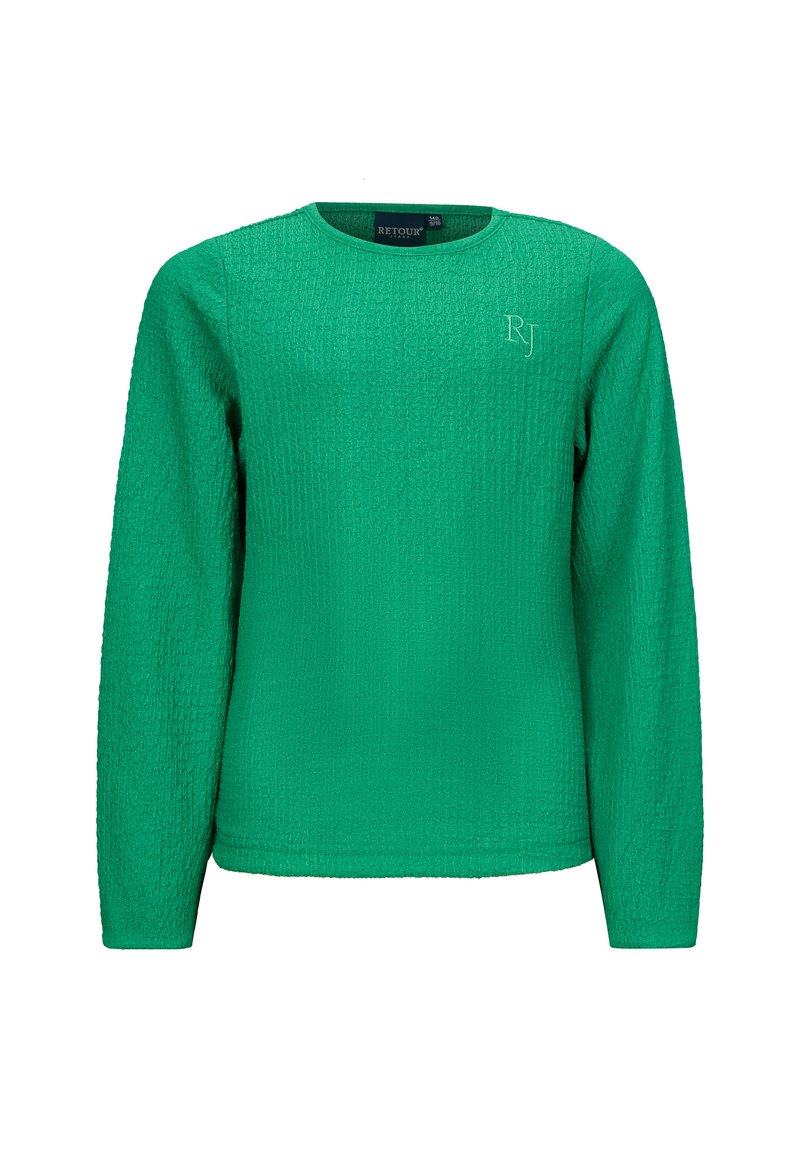 Maglione a maniche lunghe verde con texture, collo rotondo e sottile ricamo "RJ" dello stesso colore sul davanti.