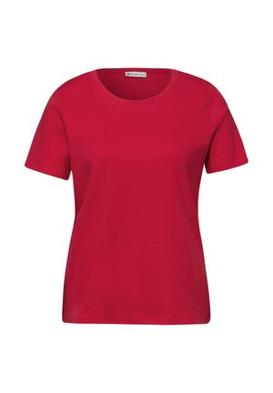 Czerwona koszulka z krótkim rękawem i okrągłym dekoltem, z prostym dołem oraz metką marki "Street One" wewnątrz kołnierzyka.