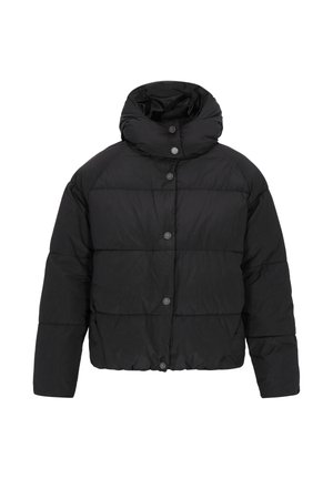 Schwarze Pufferjacke mit hohem Kragen, Frontknopfverschluss, gestepptem Design und leicht verkürzter Silhouette. Weiche, matte Textur.