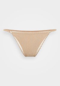 Striped bikini bottom featuring vertical lines in brown and cream, thin straps, and a seamless design with a soft texture.