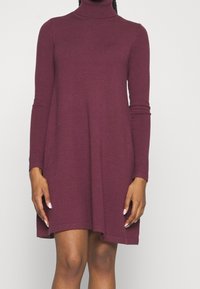 Robe à col roulé à manches longues en maille bordeaux foncé, avec une coupe ample et un ourlet au-dessus du genou. Texture douce, design minimaliste.