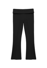 Pantalon noir évasé avec une large taille élastique, présentant un design épuré et une texture lisse, adapté pour un usage décontracté ou formel.