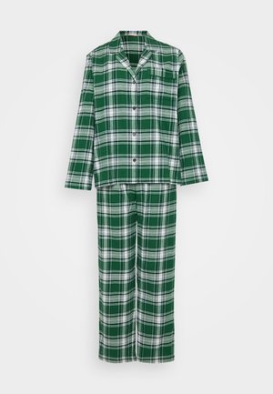 Green and white plaid pajama set featuring a button-up top with a chest pocket and matching pants with an elastic waistband. Soft fabric.