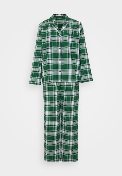 Green and white plaid pajama set featuring a button-up top with a chest pocket and matching pants with an elastic waistband. Soft fabric.