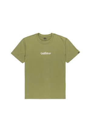 T-shirt Quiksilver vert olive avec col rond, manches courtes et texte logo blanc centré sur la poitrine.