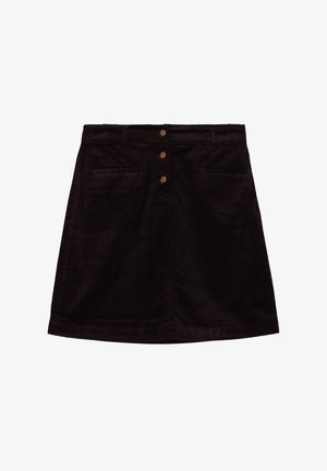 Jupe en velours côtelé marron foncé, à coupe droite, avec poches avant et trois boutons en métal à la taille. Texture douce.