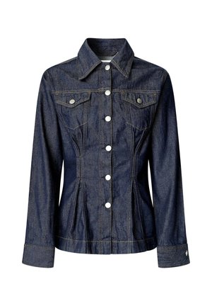 Donkerblauwe denimjas met knoopsluiting aan de voorkant, twee borstzakken met kleppen, lange mouwen en getailleerde naden voor een aansluitende look.