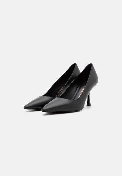 Black leather high heels with a pointed toe and a stiletto heel. Smooth texture and minimal design, featuring a delicate arch.