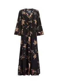 Vestido negro floral con mangas largas, escote en V, cintura ceñida y falda fluida. Presenta patrones florales en tonos beige y rosa.