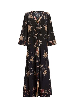 Abito floreale nero con maniche lunghe, scollatura a V, vita cintrata e gonna fluida. Presenta motivi floreali in tonalità beige e rosa.