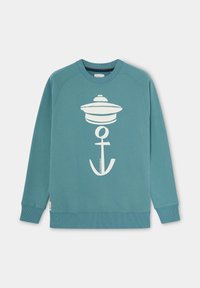Sudadera de cuello redondo en tono teal, con mangas largas y un gran gráfico de ancla blanca y gorra centrado en la parte delantera.