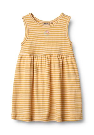 Ärmelloses gelb-weiß gestreiftes Kleinkindkleid mit gerafftem Bund und kleiner mehrfarbiger Blumenstickerei auf der Brust.