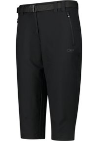  Sorte udendørs shorts lavet af letvægtsmateriale, med bælte, lynlåslomme og CMP-logo på siden.