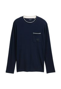 Schwarzblaues Langarmshirt aus strukturiertem Stoff, mit einer kleinen Brusttasche mit weißem Besatz und Etikett. Runder Ausschnitt und schlichtes Design.