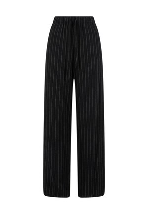 Pantaloni neri a gamba larga con vita regolabile, caratterizzati da righe bianche verticali, realizzati in un tessuto morbido. Design semplice senza ulteriori dettagli.