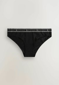 Black cotton brief with a grey elastic waistband featuring the brand name "by Ted Baker" in repeating text along the band.