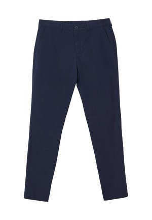 Marineblaue Herren-Slim-Fit-Hose mit vorderem Knopf und zwei Seitentaschen, flach auf weißem Hintergrund präsentiert.