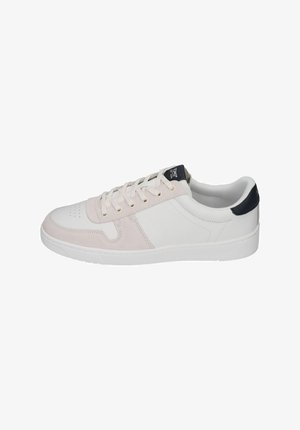 White sneaker with soft pink suede and leather accents, round toe, flat sole, and a black heel tab. Features a classic lace-up design.