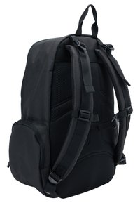 Black backpack with padded mesh back, adjustable straps, side pocket, and sturdy zippers. Durable fabric with sleek, functional design.