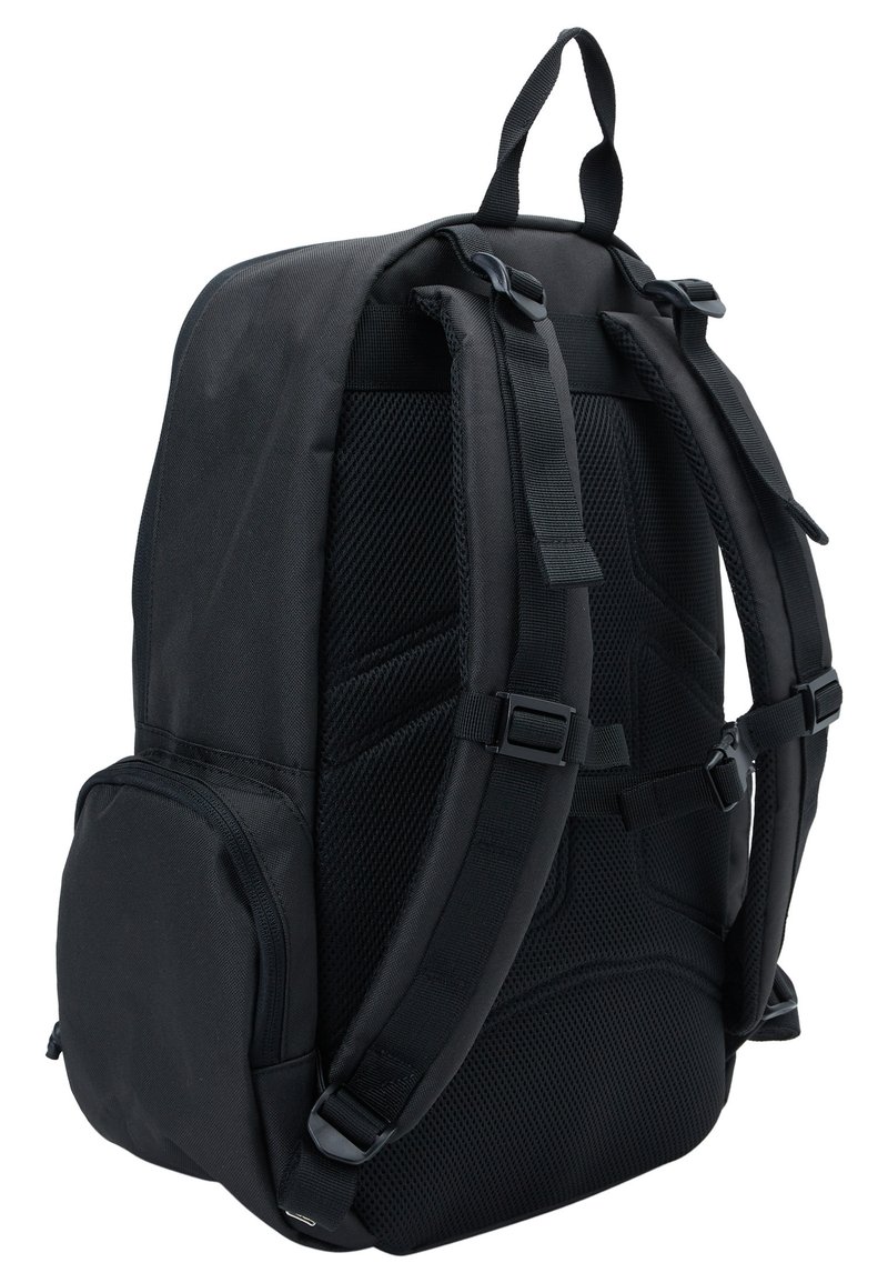 Black backpack with padded mesh back, adjustable straps, side pocket, and sturdy zippers. Durable fabric with sleek, functional design.