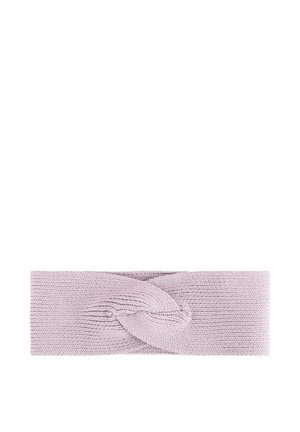 Gebreide lichtpaarse hoofdband met een gedraaide knoop in het midden, rechthoekige vorm en ribbelige textuur.