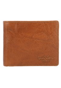 Brown leather wallet with a smooth texture, bifold design, and embossed 'Gusti Leder studio' logo on the bottom right corner.