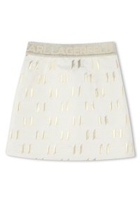 Witte rok van een gestructureerde stof met gouden accenten, een sprankelende tailleband met "KARL LAGERFELD" branding, en een uitlopende vorm.