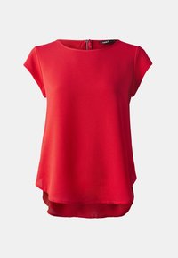 Top rosso a maniche corte realizzato in tessuto morbido, con scollo rotondo e un leggero orlo asimmetrico, chiuso da una cerniera sul retro.