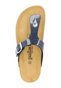 Flip-flop sandal med ett marinblått glittrande rem, silverdetaljer och en korkfotbädd. Justerbart spänne för bra passform. Har "paladon"-logotyp.