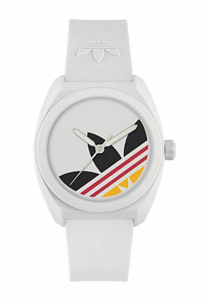 Witte siliconen horlogeband met een grote ronde wijzerplaat, met een grijze achtergrond, zwarte accenten en rode en gele designelementen.