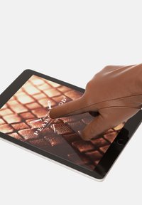 Tablet s crnim rubom na kojem se prikazuje uzorak. Ruka sa smeškim kožnim rukavicama dodiruje ekran, ističući dizajn.