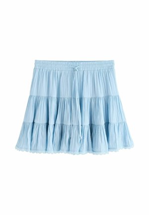 Svetlomodrá vrstvená mini sukňa s nazbieranou látkou, elastickým pásom a predným viazacím detailom na bielom pozadí.
