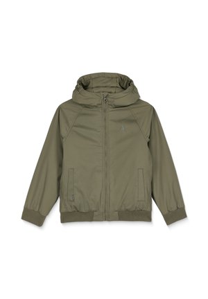 Olivgrüne Kapuzenjacke mit Reißverschluss, gerippten Bündchen und zwei seitlichen Taschen. Glattes Material mit leicht gerafftem Kapuzendetail.