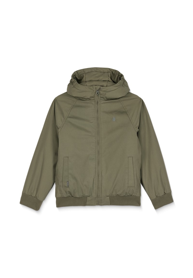 Olivgrüne Kapuzenjacke mit Reißverschluss, gerippten Bündchen und zwei seitlichen Taschen. Glattes Material mit leicht gerafftem Kapuzendetail.