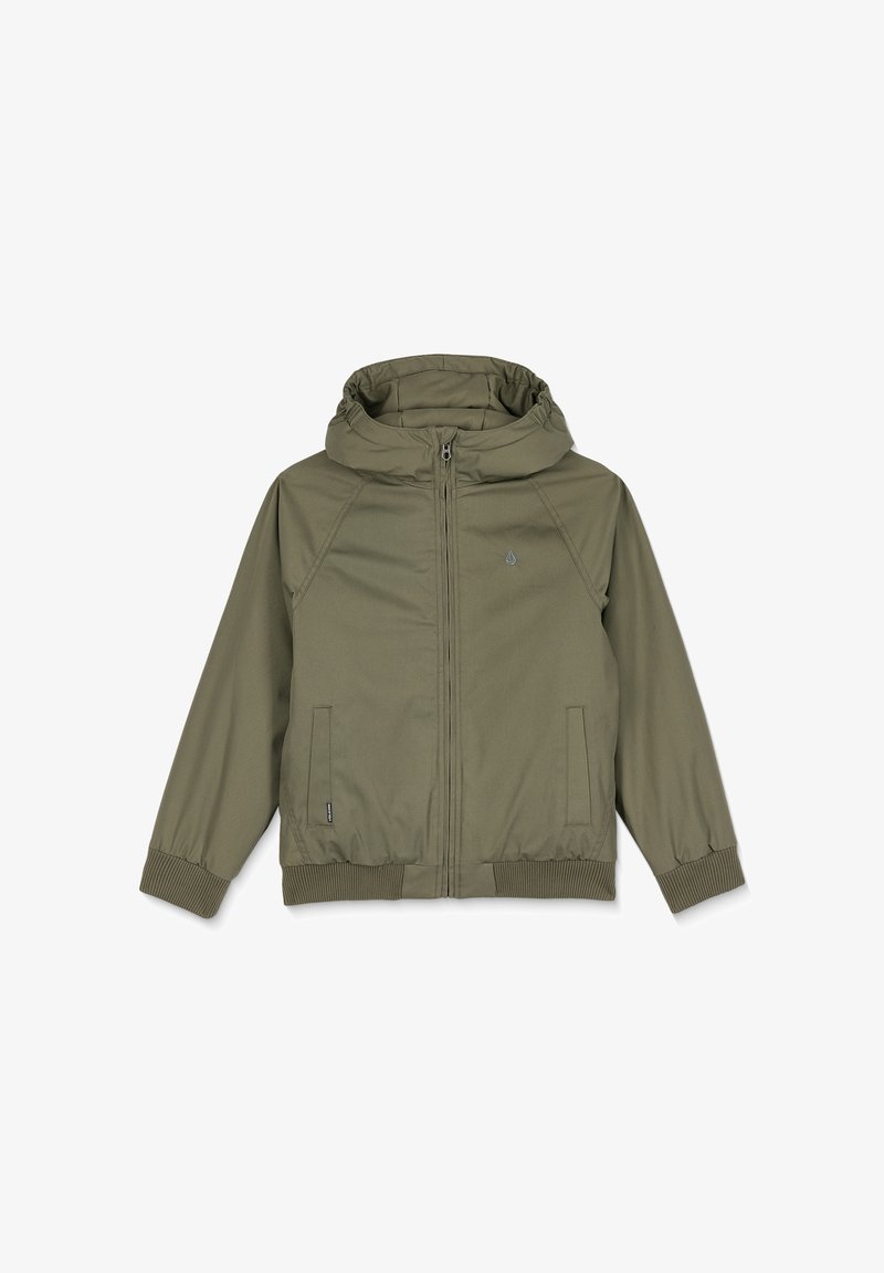 Olivgrüne Kapuzenjacke mit Reißverschluss, gerippten Bündchen und zwei seitlichen Taschen. Glattes Material mit leicht gerafftem Kapuzendetail.