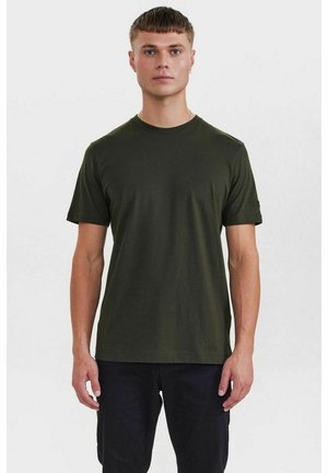 Mørkegrøn kortærmet T-shirt lavet af blødt bomuld, med rund hals og lige snit uden synlige mønstre eller grafikker.