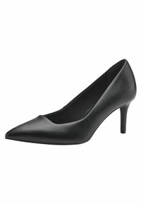 Black high-heeled pump made from smooth synthetic material, featuring a pointed toe and a moderate heel for an elegant silhouette.