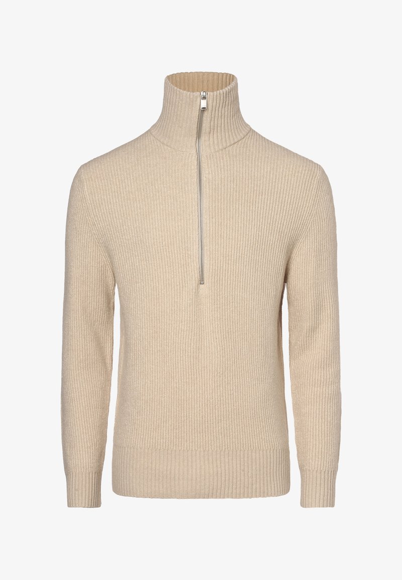 Beżowy sweter z zamkiem na szyi, o prążkowanej strukturze, z długimi rękawami i wysokim kołnierzem. Posiada półdługości zamek z przodu, umożliwiający regulację dopasowania.