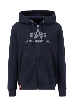 Hoodie zippé bleu marine en mélange de coton, avec capuche à cordon, poches avant et un grand logo graphique sur la poitrine.
