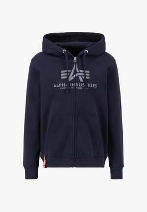 Sweatshirt azul-marinho com fecho éclair, feito de uma mistura de algodão, com capuz ajustável, bolsos frontais e um grande logótipo gráfico no peito.