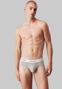 Grå bomullsunderbukser med en hvit midjebånd som har "Calvin Klein"-logoen. Glatt tekstur og tettsittende design. Modellen poserer mot en ensfarget bakgrunn.
