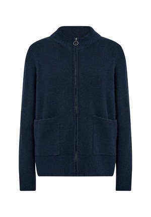 Navy blue knit cardigan with a high collar, front zip, and two large patch pockets. Soft texture with a relaxed fit.