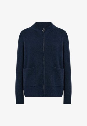 Granatowy sweter z dzianiny z wysokim kołnierzem, zamkiem z przodu i dwiema dużymi kieszeniami naszytymi. Miękka tekstura i luźny krój.