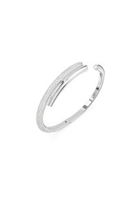Brazalete de plata con una superficie lisa y pulida y una fila de pequeñas piedras preciosas a lo largo de un lado. Diseño delgado y abierto.