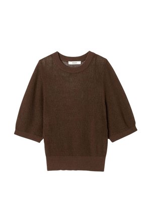 Pull court à manches courtes en maille marron avec encolure ronde et poignets et ourlet côtelés, texture légère et légèrement transparente.