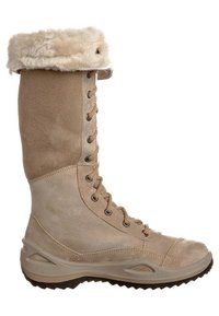 Stivali alti beige realizzati in suede e pelle, con un risvolto in pelliccia sintetica, presentano una chiusura con stringhe e una suola in gomma con grip texture.
